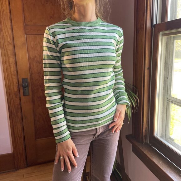Vintage 70s green striped ribbed knit crewneck sweater XS-S fit coquette preppy - Picture 1 of 8